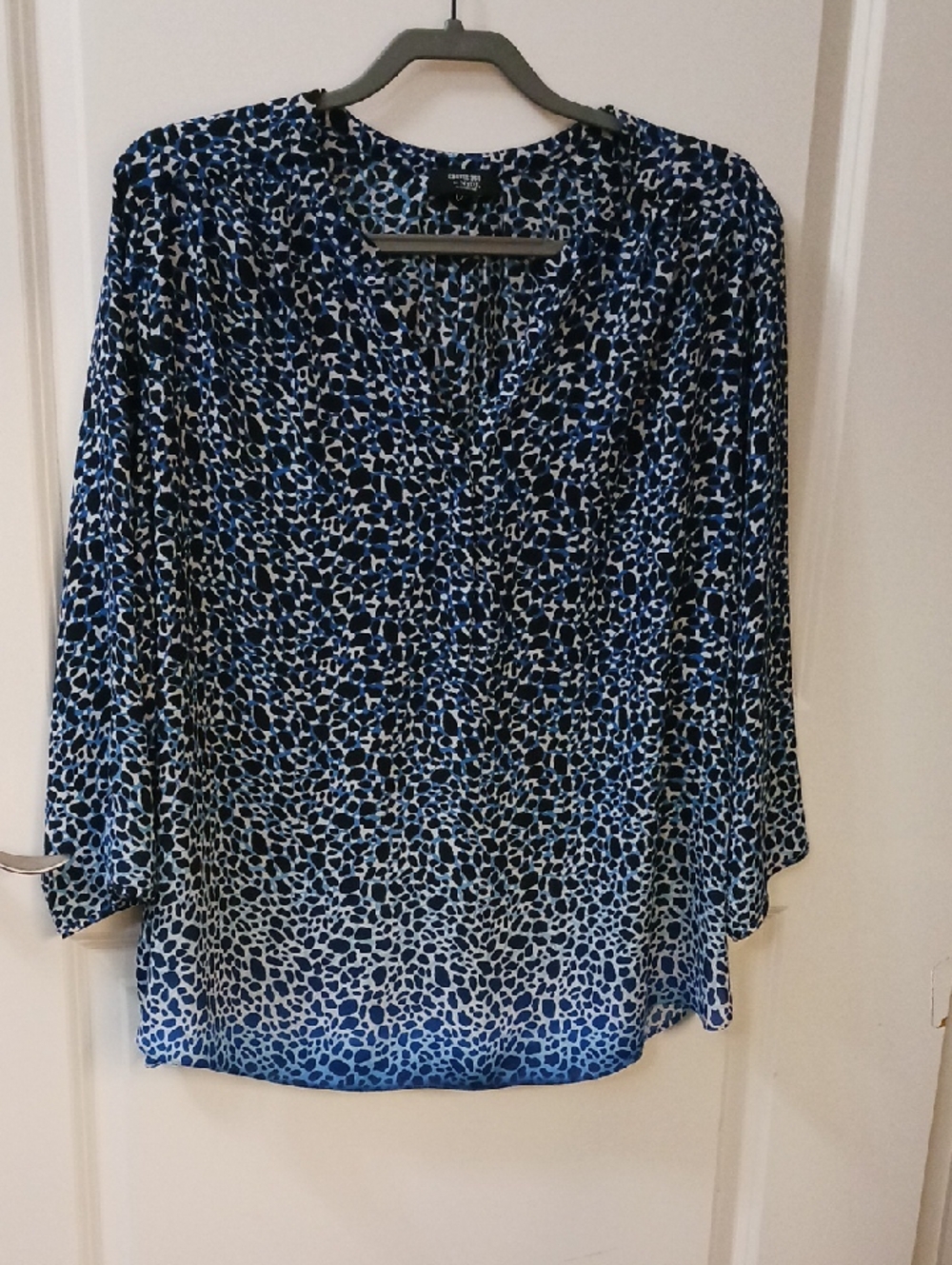 NYDJ Blue and White Printed V-Neck Blouse